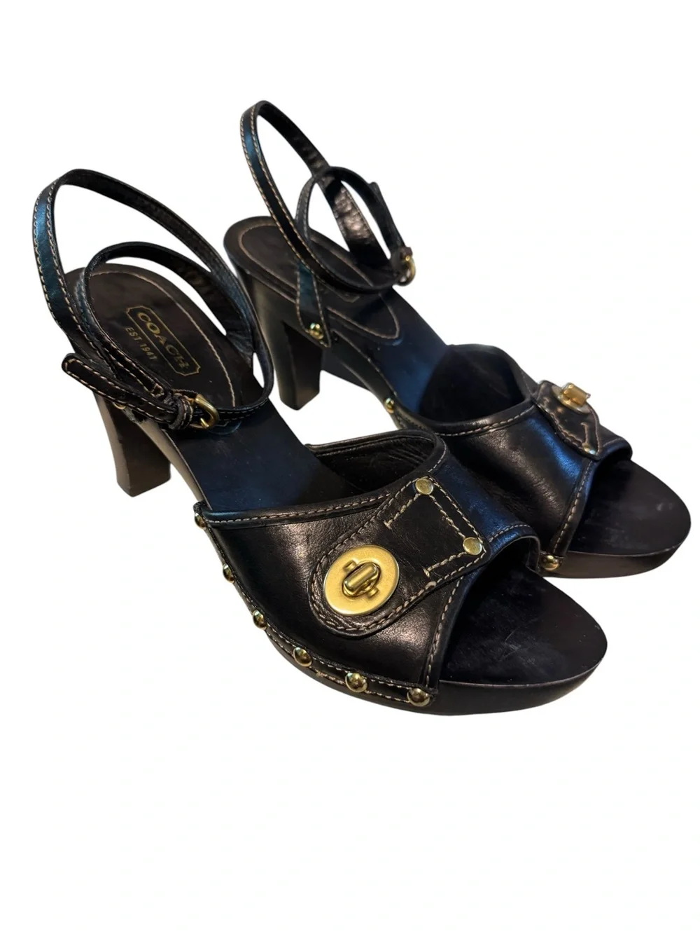 Coach Turnlock Leather Platform Ankle Strap Heels Black Studded Size 11